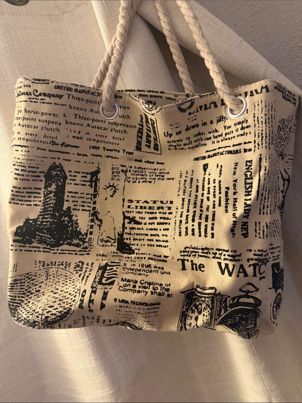 Canvas Newspaper Print Tote Bag in Beige and Black